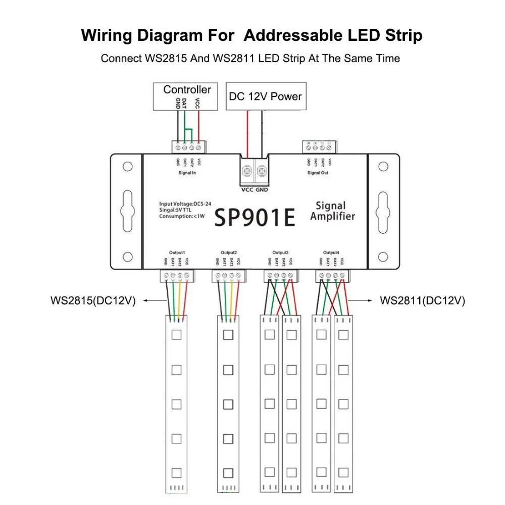 SP901E SPI усилитель сигнала для WS2812B WS2811 WS2813 пикселей RGB Светодиодные полосы сигнала ретранслятор адресуемых Мечта Цвет ленты DC5-24V