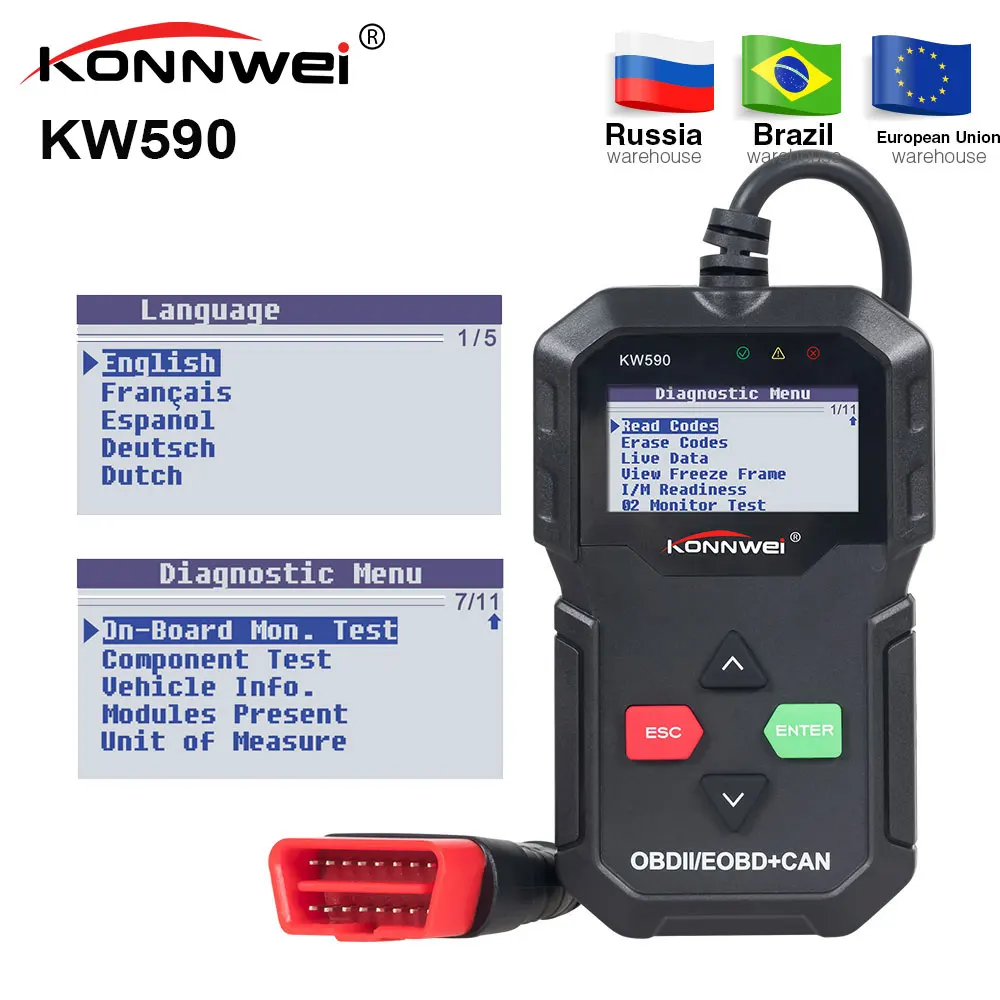 

KONNWEI KW590 OBD2 diagnostic tool as AD310 or ELM327 OBD2/EOBD+CAN auto Code Reader obdii scanner Automotive Scanner in Russian