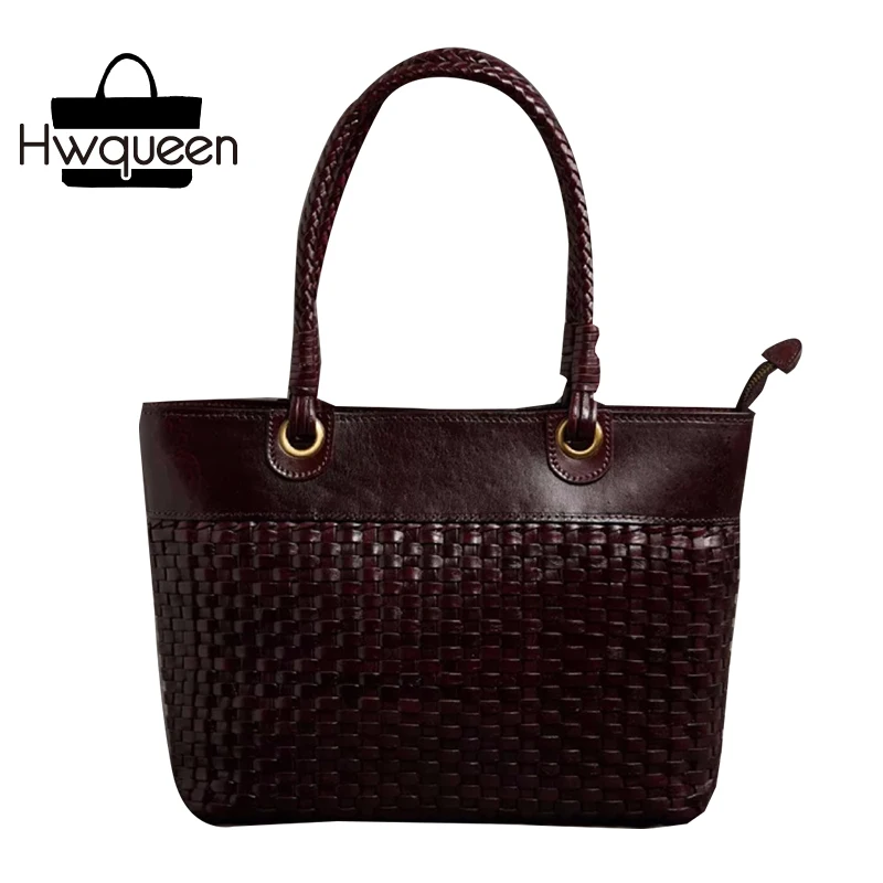 

100% Handmade Knitted Designer Genuine Leather Top Handle Women's Woven Totes Handbag Female Ladies Single Shoulder Bag For Mom
