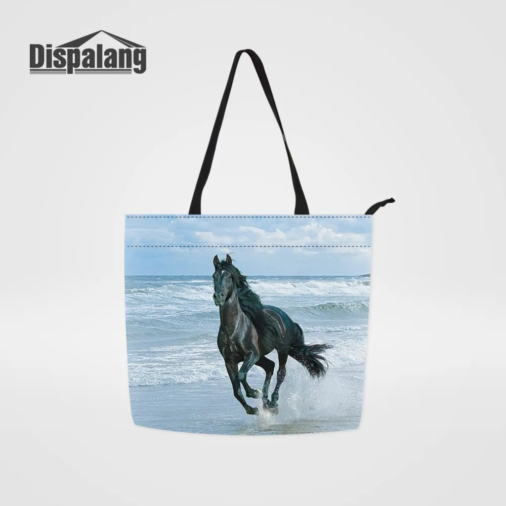 

Dispalang 2018 Wholesale Ladies Reusable Shopping Handbag Custom Horse Printed Women Daily Use Totes Bags Canvas Grocery Storage