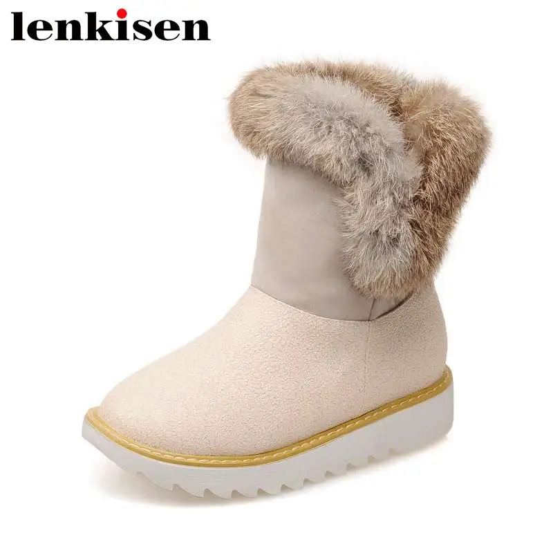 

Lenkisen big size slip on winter snow boots round toe low bottom patchwork rabbit fur keep warm luxury women ankle boots L19
