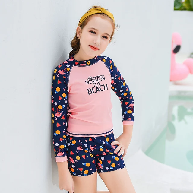 Teenager Girls Rash Guards Swimwear 2 Pieces Long Sleeve Shirt Shorts