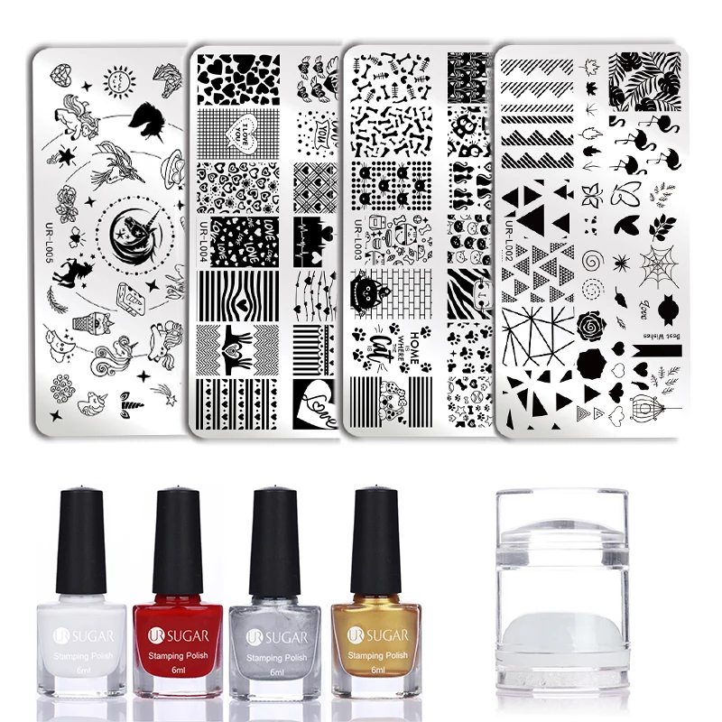 

UR SUGAR 3Pcs/Set 6ml Nail Stamping Polish Set Colorful Stamp Plate Printing Gel Polish Varnish With Stamper Nail Art Lacquer