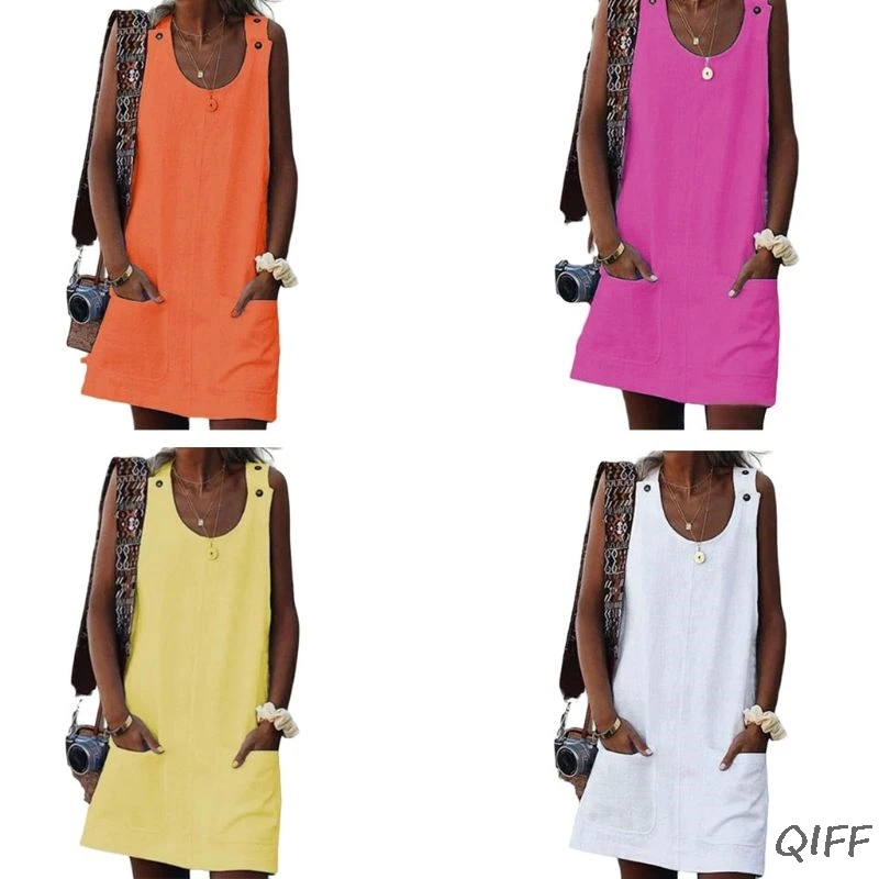 

Womens Summer Plus Size Sleeveless Solid Color Buttons Tank Dress Crew Neck Casual Midi Shift Dress With Patch Pockets S-3XL