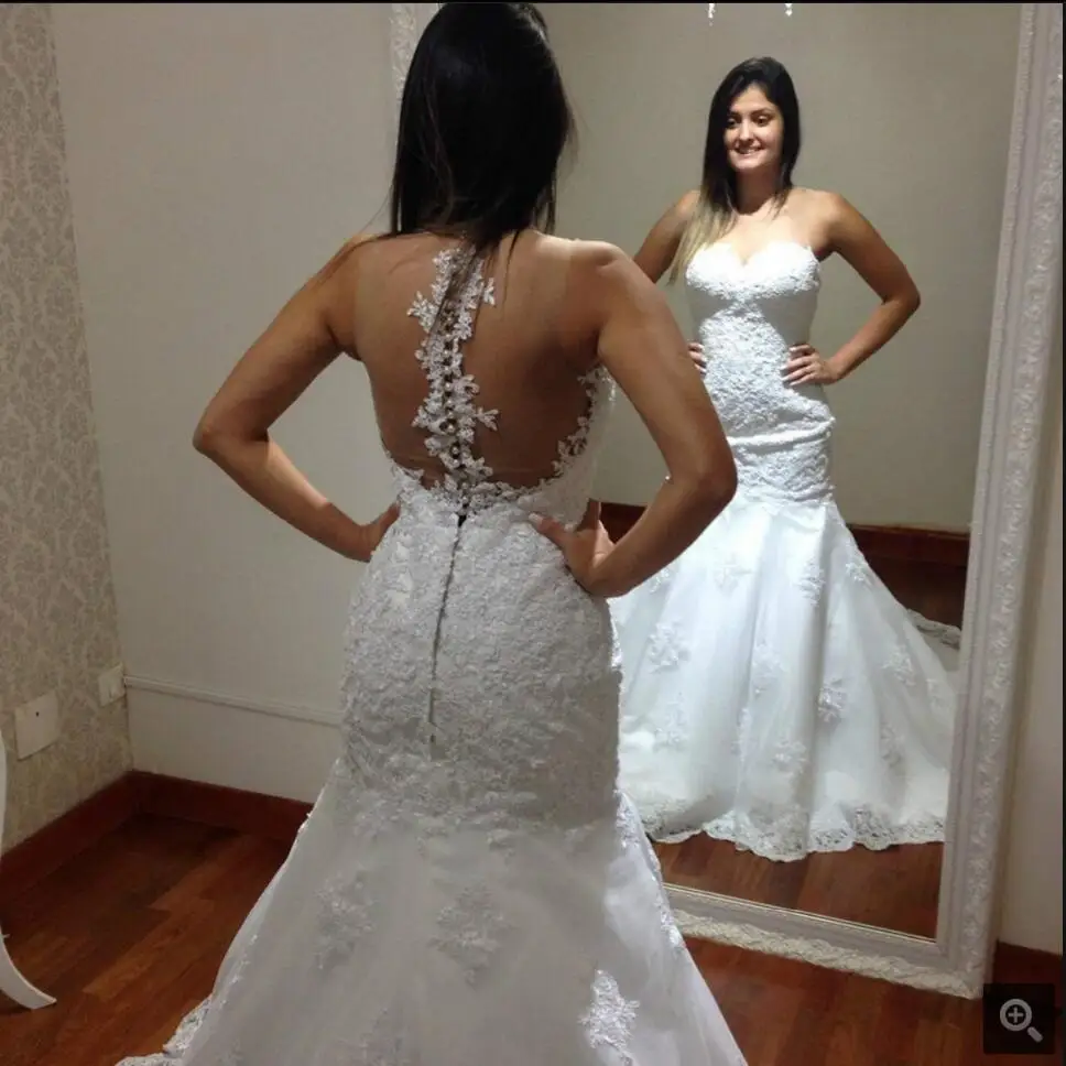 

Elegant mermaid lace appliques wedding dress real picture new arrival cheap bride dress sheer back sexy wedding gowns on sale