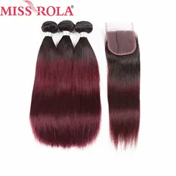 Мисс Рола волос non-реми Бразильский прямые волосы пучки T1B/99J 100% человеческих волос 3 Связки с закрытием волос