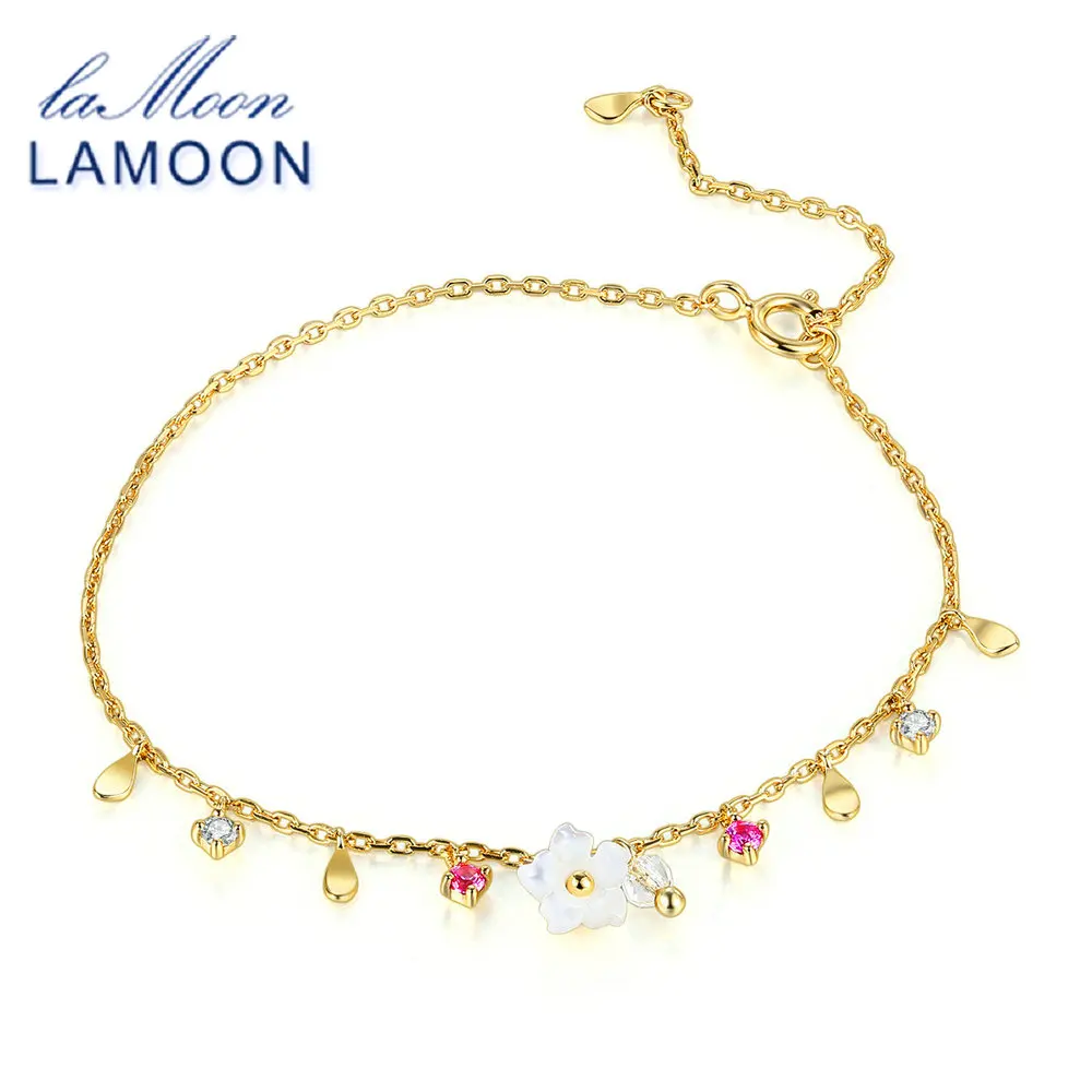 LAMOON Bracelet For Women 100% Natural Gemstone Red Corundum Shell Flower 925 Sterling Silver Jewelry Charm Fine Jewelry LMHI056