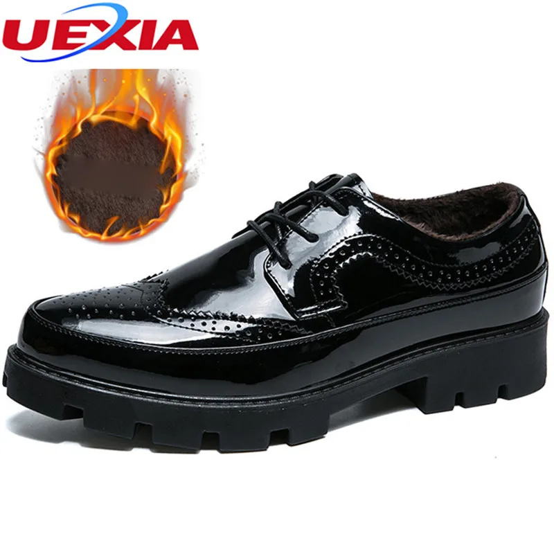 

UEXIA Flats Shoes Men Winter Plush Warm With Fur Lace Up Dress Business Wedding Increase High Top Fashion Men Shoes TPU Soles