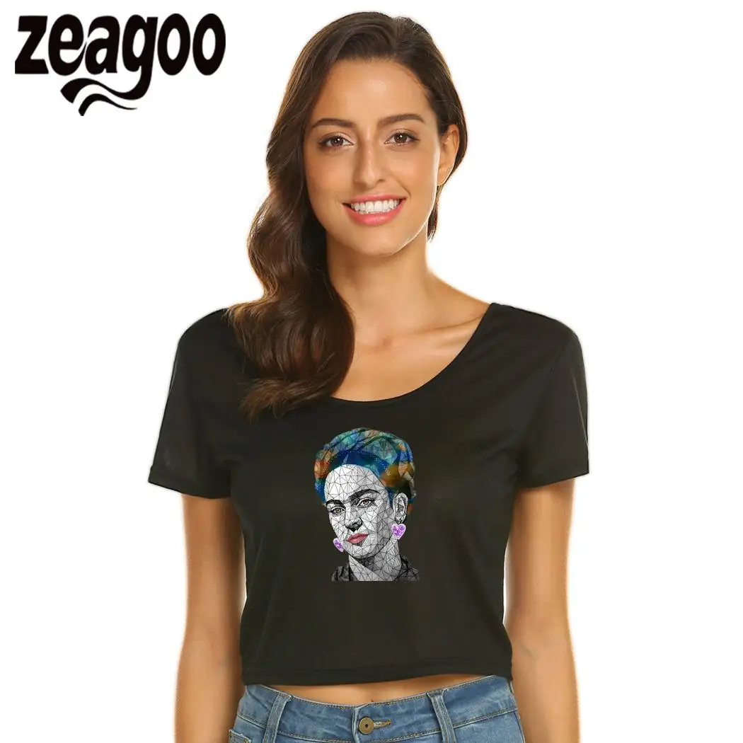 Zeagoo art Повседневное круглым вырезом короткий рукав одноцветное открытым пупком футболка Для женщин Живопись