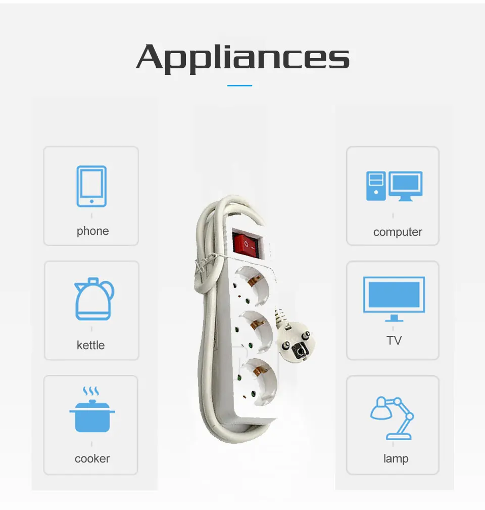 3456 EU Outlet Extension Plug Sockets AC Power Charger Wall Socket Plug Mains Lead Strip Adapter With Extension Cable Switch (8)