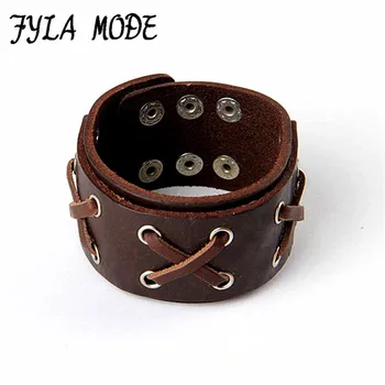 

Fyla Mode Vintage Leather Men Bracelets Punk Handmade Wide Cuff Three X Leather Bracelet Woven Wristband Bangles For Men Jewelry