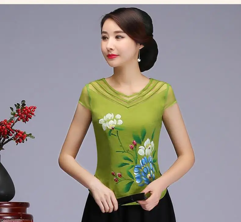 Китайская женская деловая рубашка с цветочным принтом, элегантная хлопковая льняная одежда с коротким рукавом, Новая Винтажная Улучшенная блузка размера плюс 3XL - Цвет: Зеленый