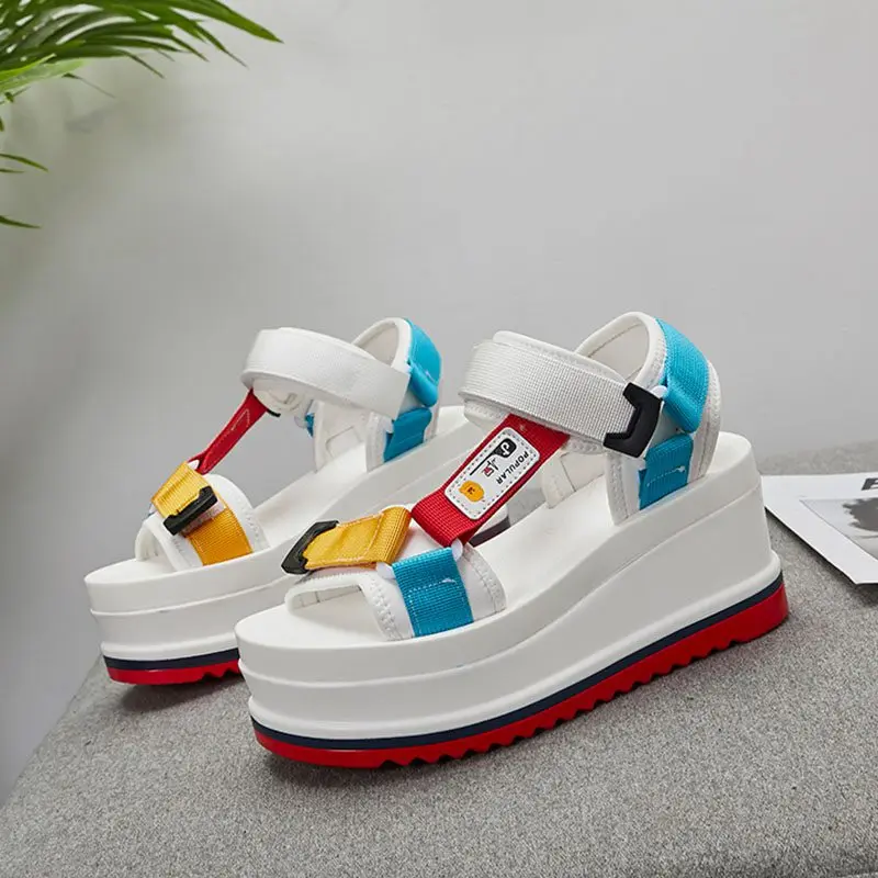 JOJONUNU Women Chunky Sandals Mixed Color Nylon Sneaker Sandals Casual Thick Bottom Platform Outdoor Shoes Women Size 35-39