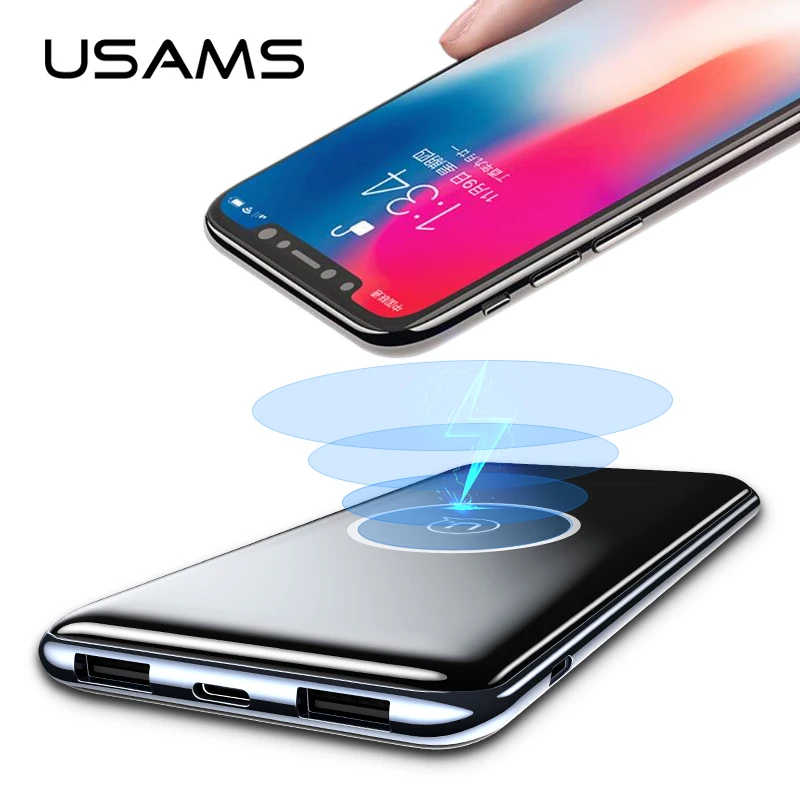 

Dual USB Wireless Power Bank, USAMS 10000mah QI Wireless Charger Power Bank with Type C & Micro Port Wireless Charging PowerBank