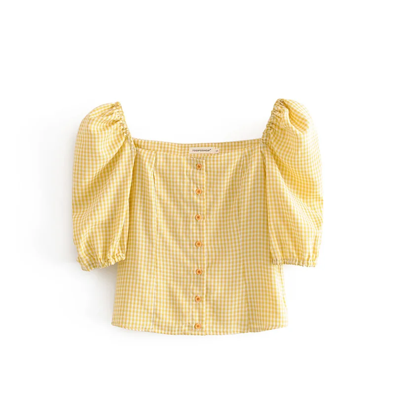 Square neck yellow color blouse women puff sleeve vintage summer ...