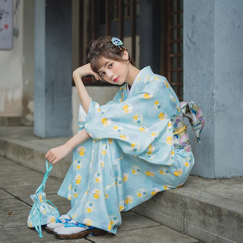 Vintage Girl Robe Gown Japanese National Women Kimono Classic Yukata With Obi Elegant Print Floral Dress Cosplay Costume S M