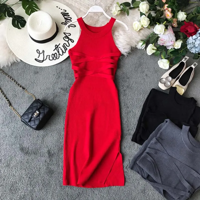 

NiceMix Women Summer Bandaged Dress 2019 Knit Elastic Bodycon Wrap Sleeveless Dress Sexy Split Casual Black Red Sundress