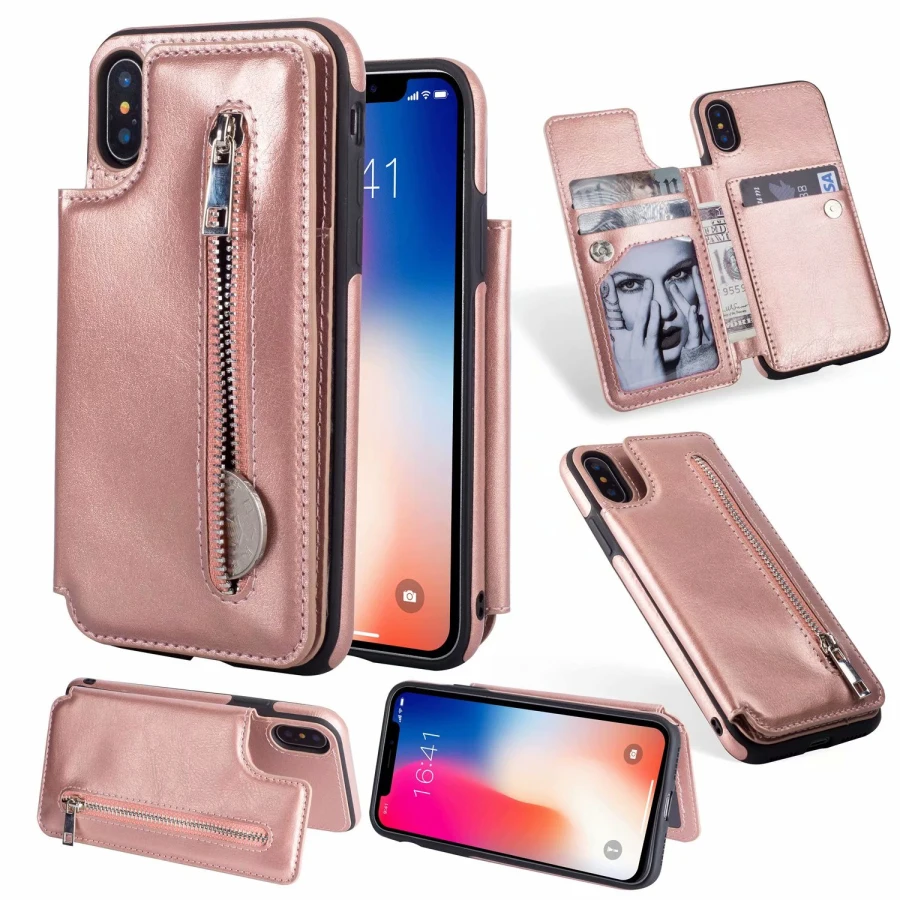 Retro PU Zipper Leather Phone Case For iPhone XS Multi Card Stander Holders Phone Cases For