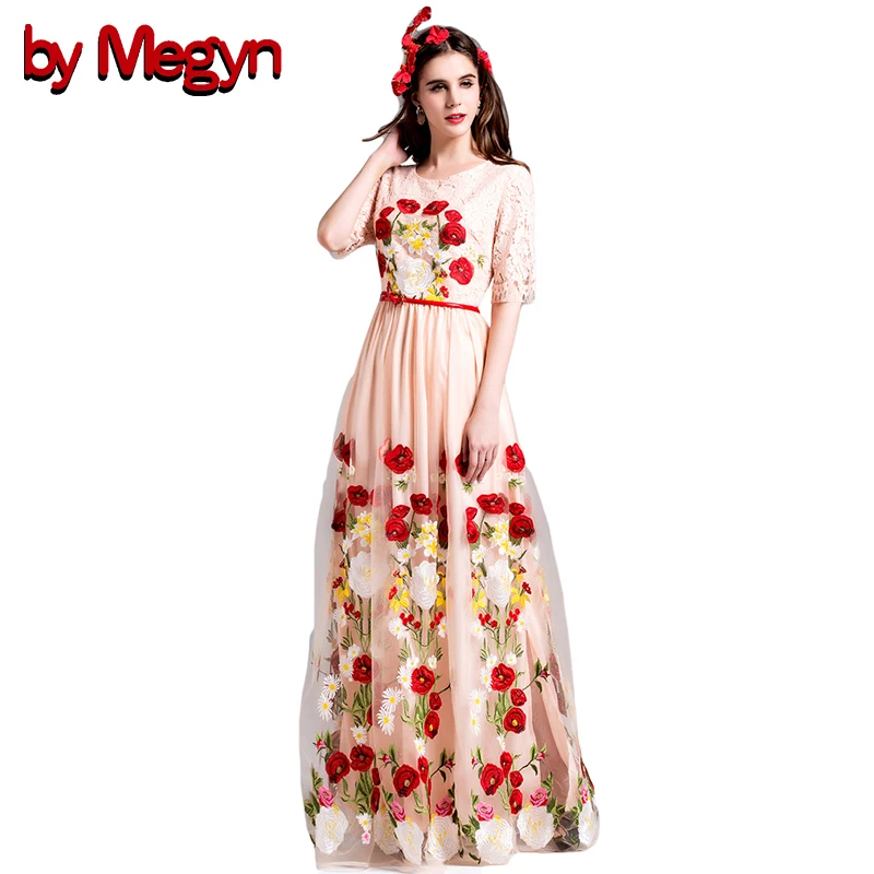 High Quality 2016 Runway Bodycon Sheath Maxi Party Dress Women Half Sleeve Vintage Floral Embroidery Black Lace Long Dress LD409 long-floral-maxi
