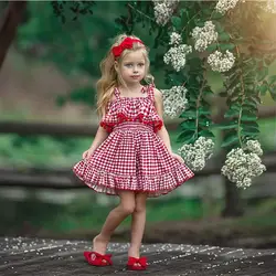Летнее платье принцессы для маленьких девочек; вечерние платья в красную клетку на бретельках; повседневное праздничное платье с бахромой;