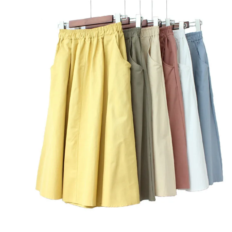 

2019 Fashion Korean Preppy Style Women Solid Color Elastic Waist Skirt Female Casual Pockets A-line Skirt