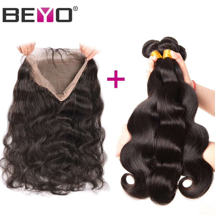 Beyo Hair 360 Lace Frontal With Bundle Brazilian Body Wave Non-Remy Human Hair Bundles 360 Frontal Closure With Baby Hair 4PCS brazilian-body-wave-hair-with-closure