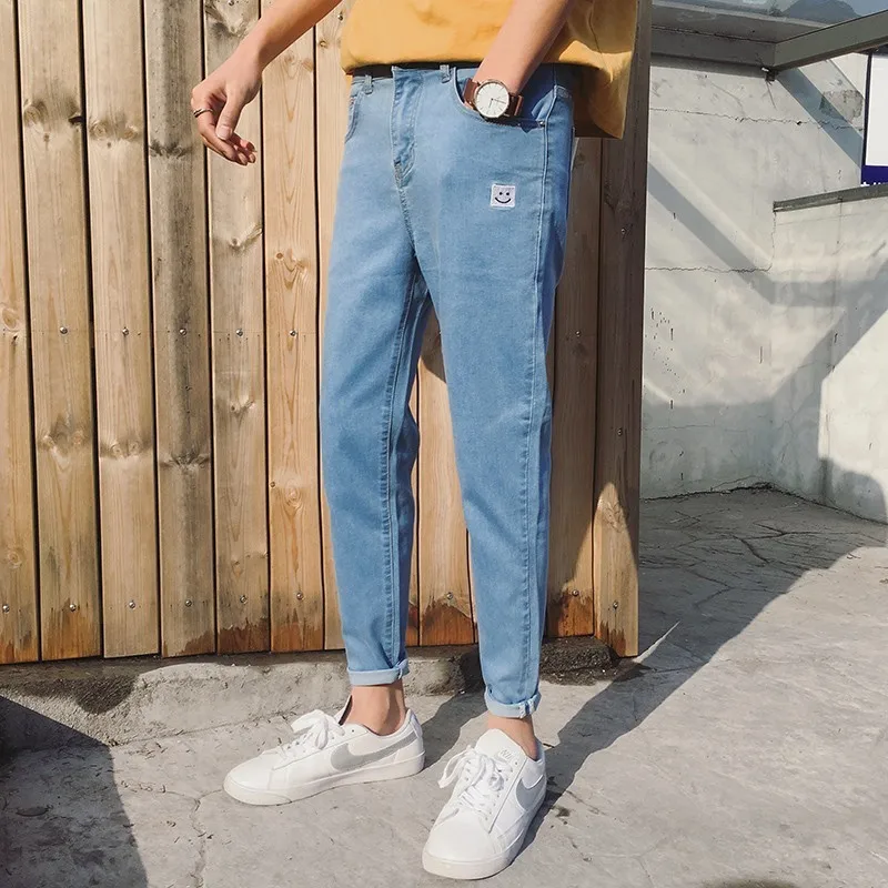 Повседневные узкие мужские джинсовые штаны длиной до щиколотки, узкие брюки с высокой талией, уличная одежда с рисунком улыбки, обтягивающие черные джинсы, размер 28-34 - Цвет: Синий