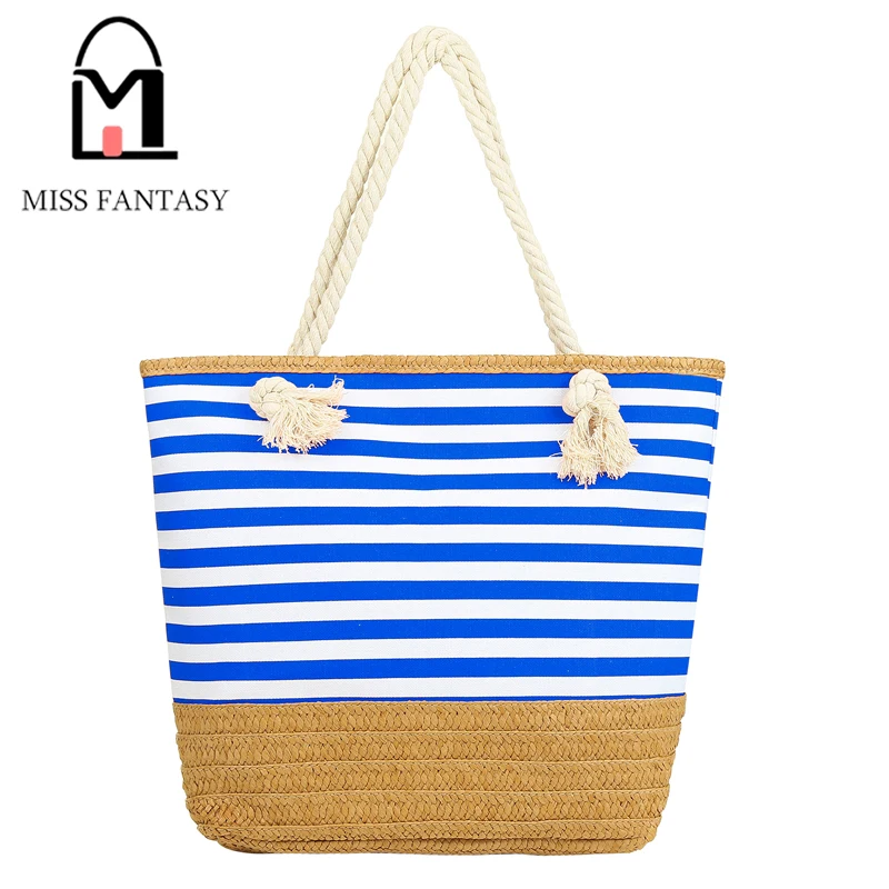 2017 Newest Summer Beach Bag Canvas Tote Straw Beach Bag Rope Handle Strap Shoulder Bag Stripe ...