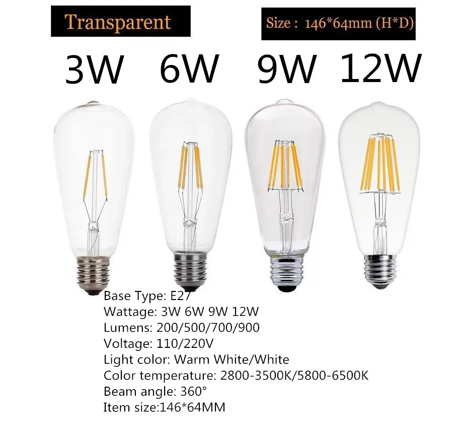 E27 светодиодный светильник лампы ST64 3 Вт, 6 Вт, 9 Вт, 12 Вт, 15 Вт, 18 Вт, 21 Вт старинная лампа накаливания Винтаж Светодиодный лампочки Эдисона