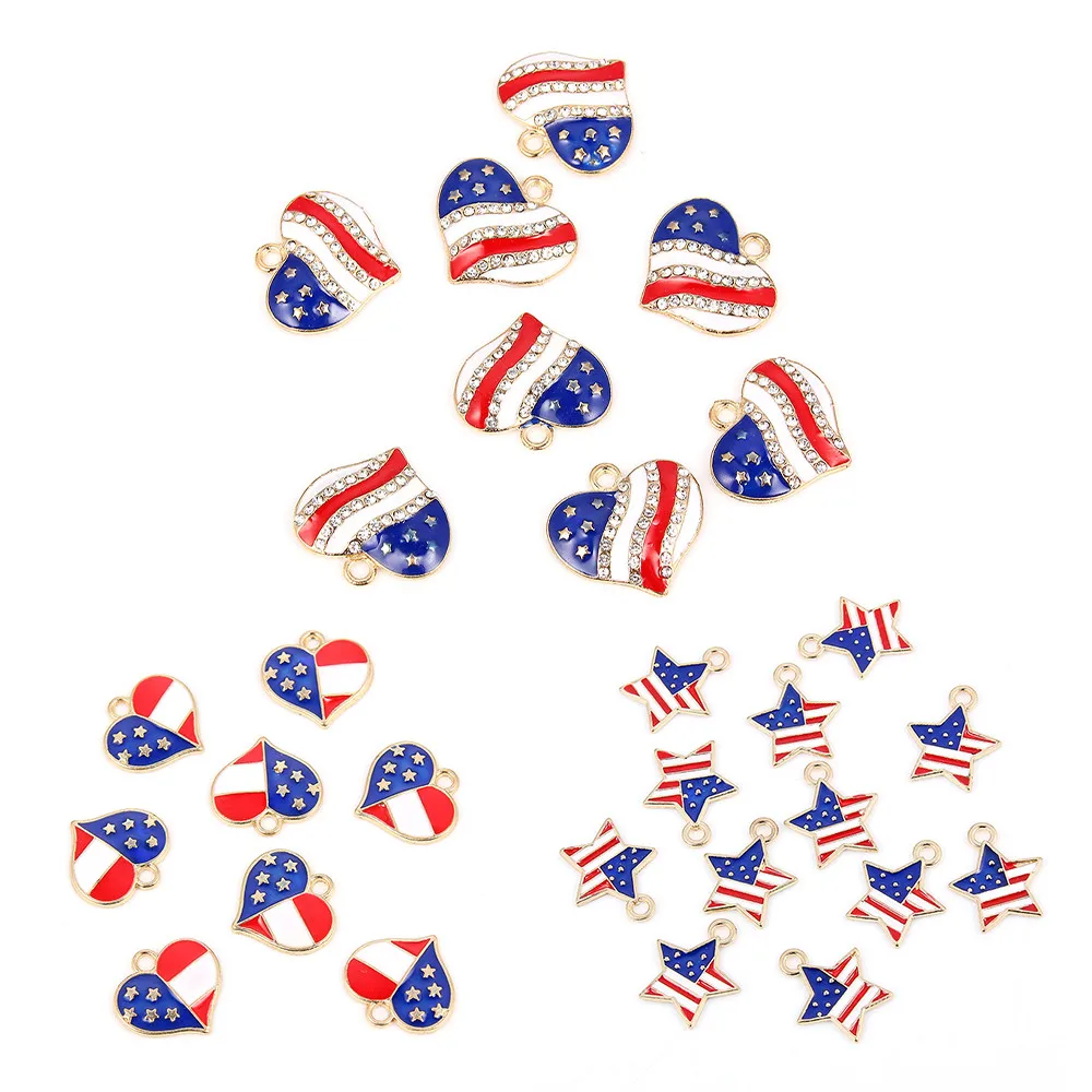 

American Flag Charms Pendants Star Heart Shaped with Rhinestone Enamel Flag Charms for Jewelry Making DIY Jewelry Accessories