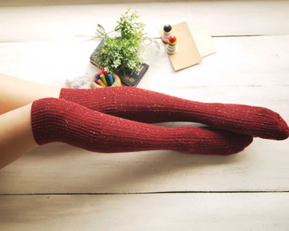 

1PC New Spring Autumn Winter Warm Women's Turn Up Rib Colored Dot Wool Blend Long Knee High Boot Socks 3Color