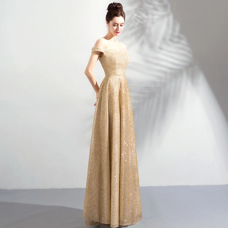 Walk Beside You Gold Evening Dresses Long Off Shoulder Bling Sequined Prom Gown for Women Abito Cerimonia Donna Sera Engagement