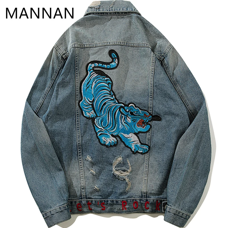 

MANNAN Novel ideas Denim Jacket Coat 2018 NEW Autumn Warm Embroidered tiger head Vintage Black Jeans Denim Jacket