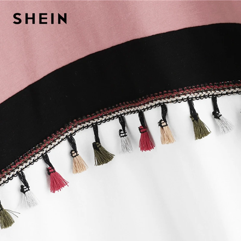 SHEIN متعدد الألوان قص وخياطة شرابة التفاصيل Colorblock هامش جولة الرقبة البلوز Preppy نمط قناع السترة البلوز