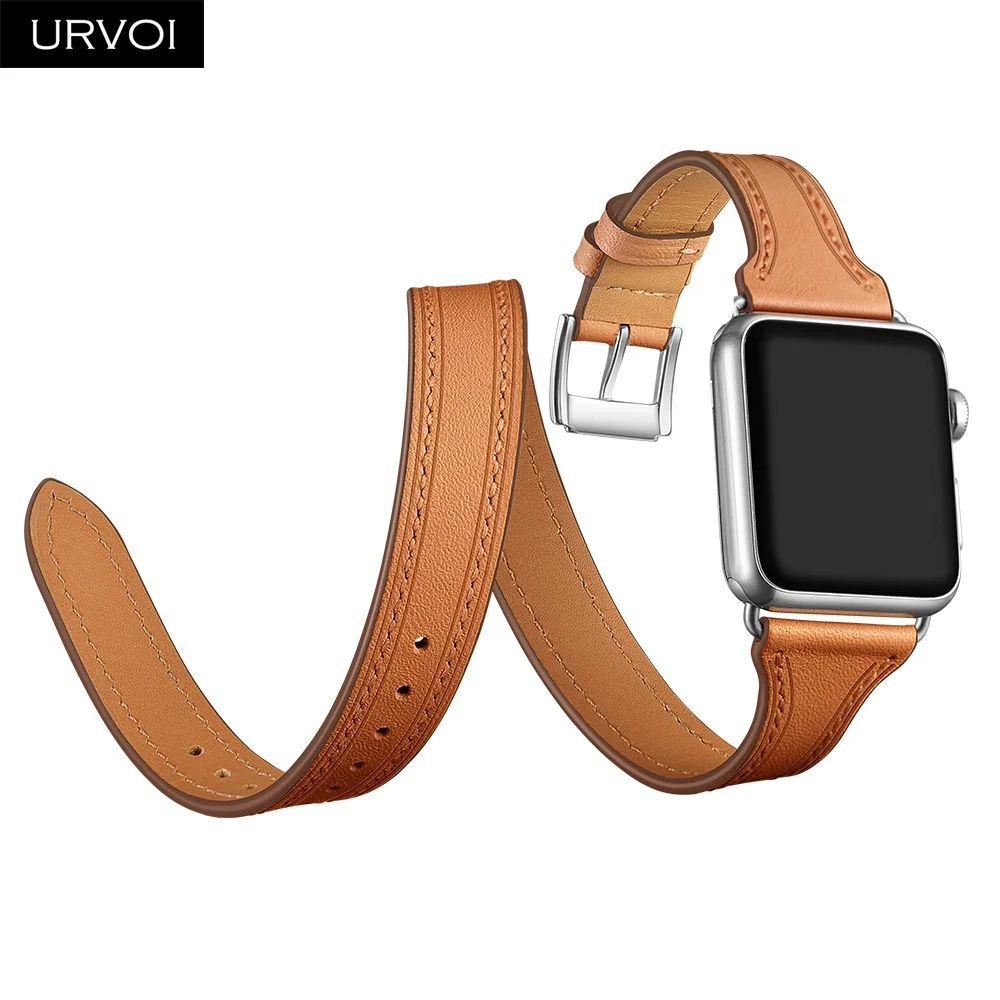 URVOI двойной тур для Apple Watch series 5 4 3 2 1 ремешок для iwatch из натуральной кожи роскошный модный дизайн 38/40 42/44 мм