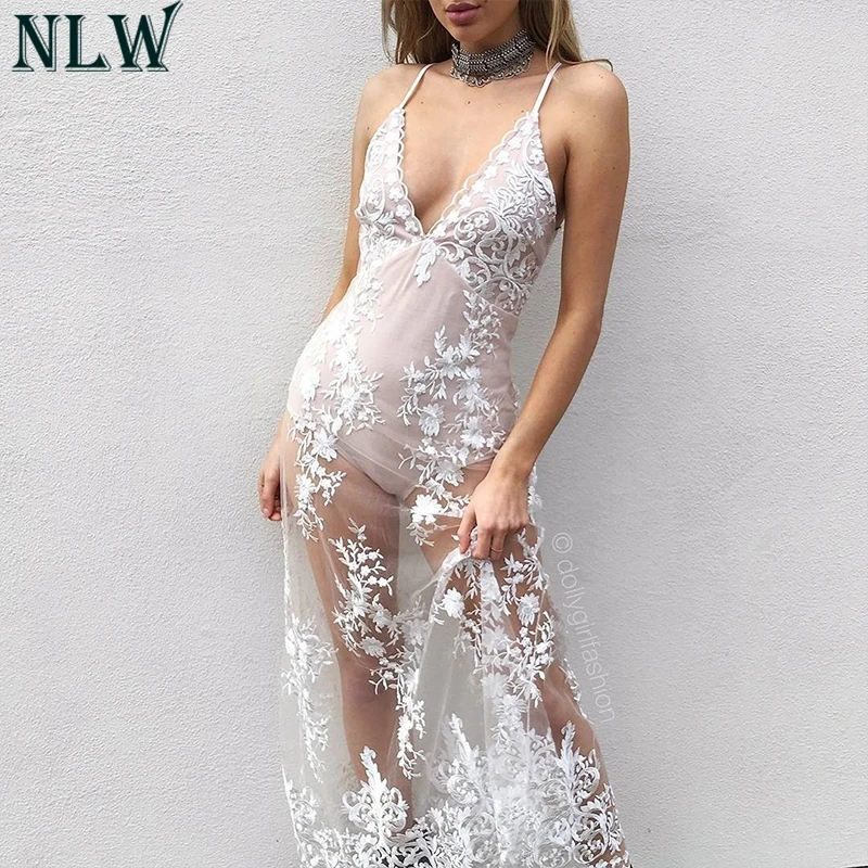 

NLW White Lace Embroidery Maxi Dress Summer Party Elegant Women Dress Spaghetti Strap V Neck Femme Robe Chic Vestido De Festa
