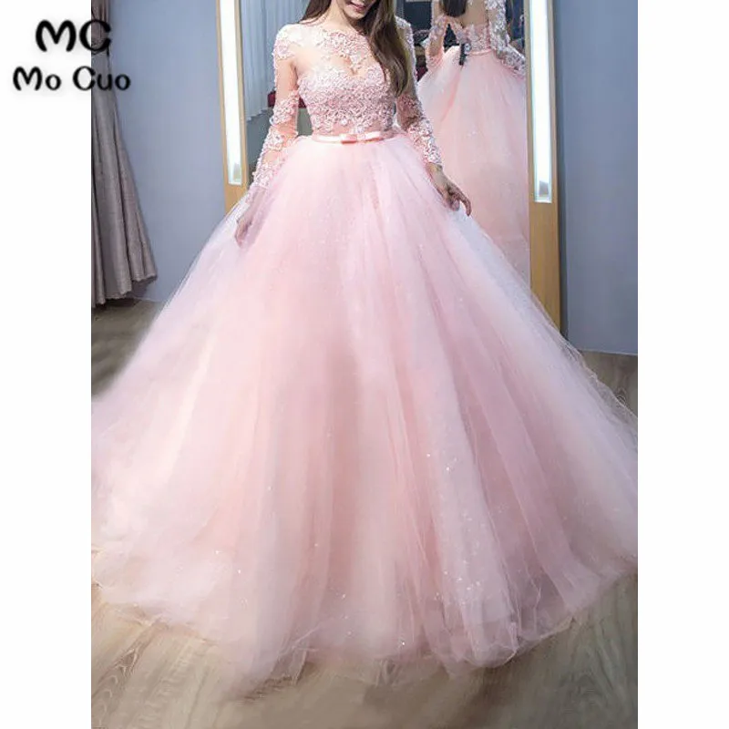 Ball Gown Jewel Long Sleeves Sweep Brush Train Lace Tulle Dresses