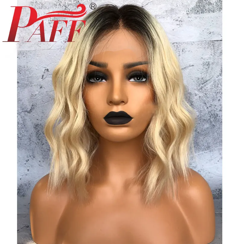 PAFF Ombre Color Short Bob Cut Human Hair Wigs Lace Front 1b 613 Blonde Black Roots Remy Hair Ombre Wigs 130% 150% Density 13*3