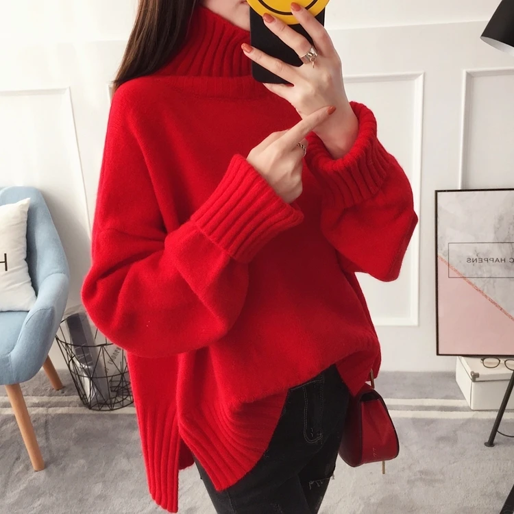 Goedkoop Mode Coltrui Winter Gebreide Trui Vrouwen Lange Mouw Losse Rode Pullover Vrouwelijke Zachte Warme Herfst Casual Jumper