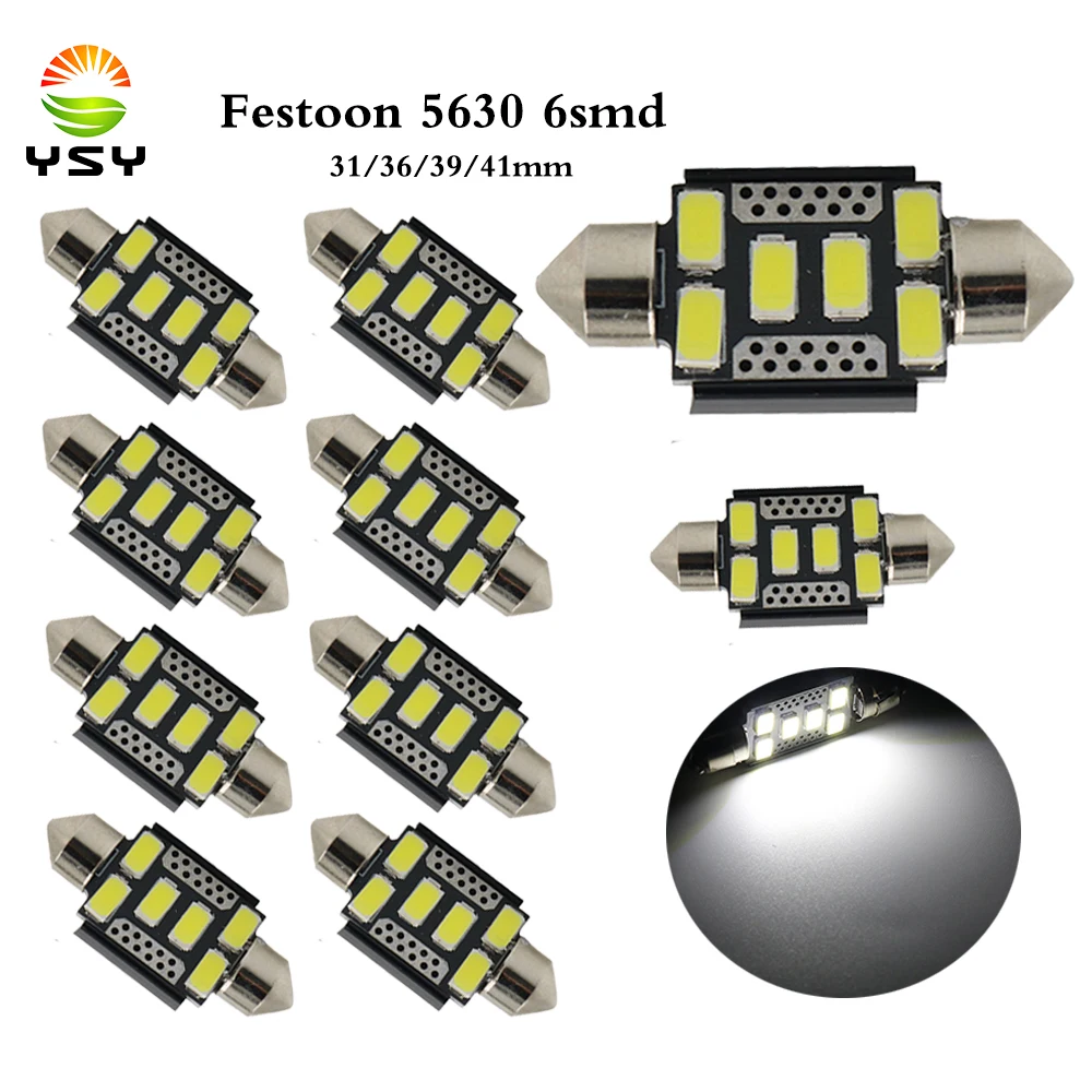 

YSY 10 шт. c5w гирлянда 31 мм 36 мм 39 мм 41 мм C5W светодиодная гирлянда 5630 6 led smd 12v авто Интерьер Чтение белые лампы купольные лампы