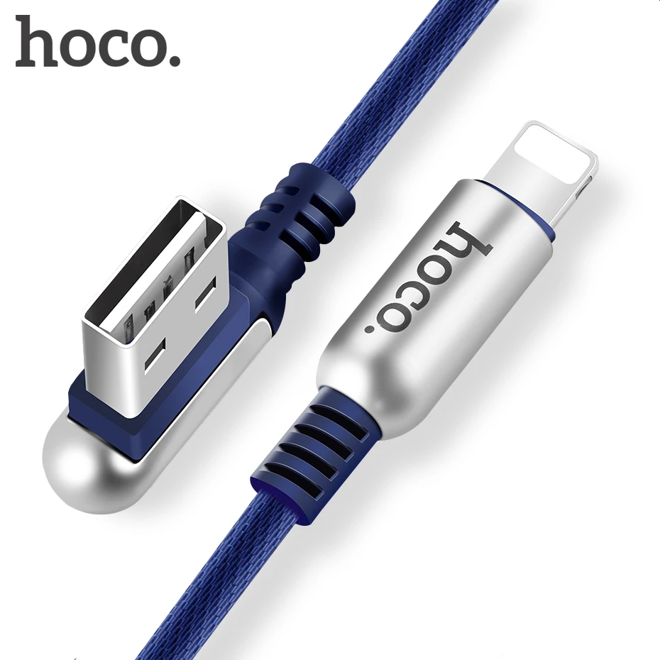 Kopen HOCO 90 Graden USB Kabel Voor iPhone XR XS MAX 6 s 7 8 Snelle Opladen Datakabel 2A Zink legering USB Charger draad L Type Lading Kabel