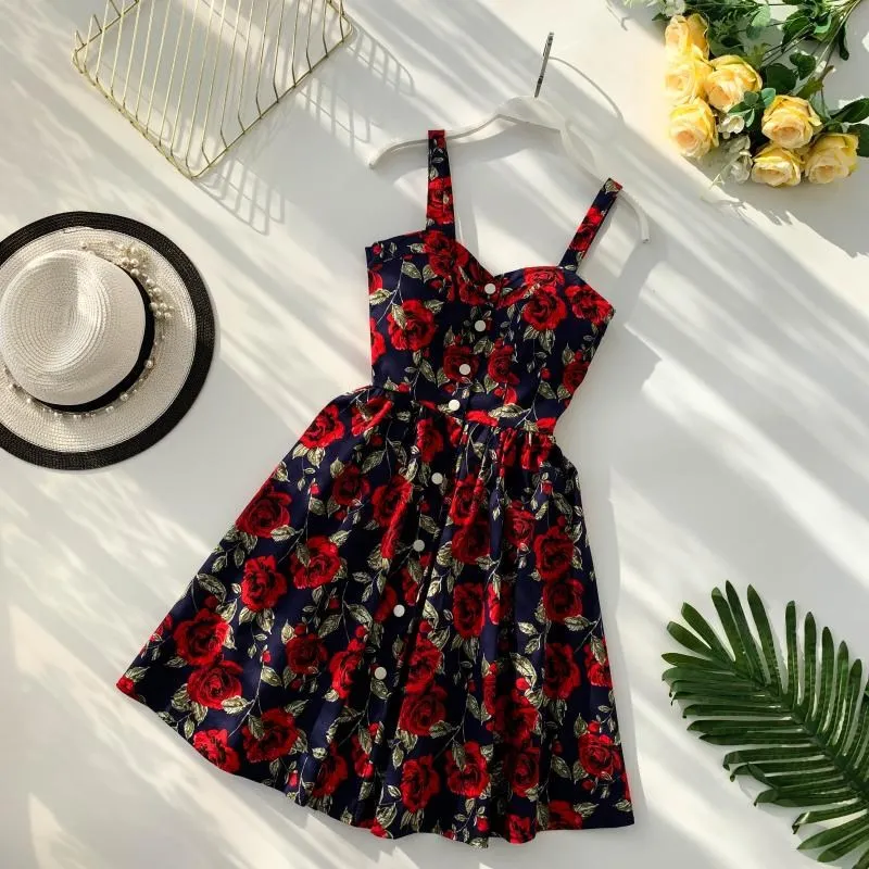 

2019 Summer New Women Floral Dot Print Dress V Neck Spaghetti Strap A-line Mini Party Dresses Sexy Empire Polka Beach Dress