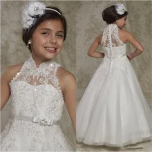 Элегантные Белые Платья с цветочным узором для девочек; кружевные Детские Вечерние платья с бисером для свадебной вечеринки