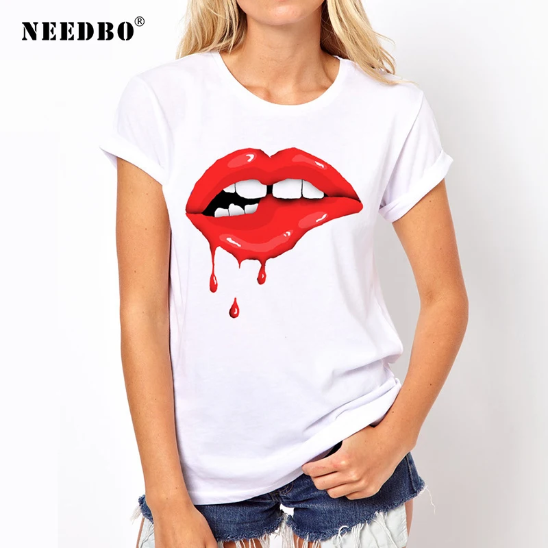 Женская футболка забавная Сексуальная Повседневная Femme Imprime Red Lips круглый вырез