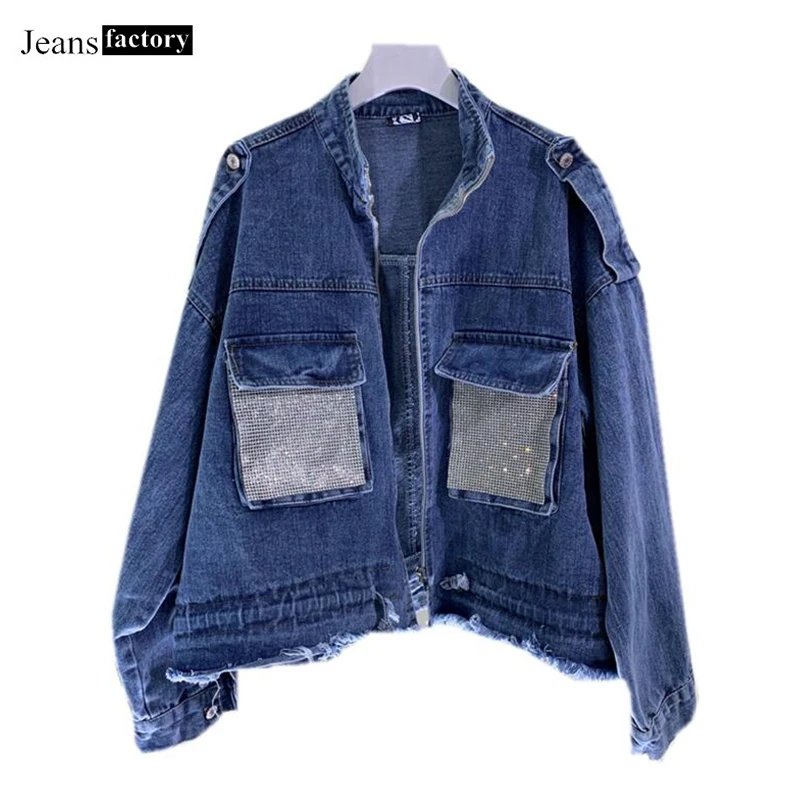 

Denim Jacket Female Zipper Jeans Jacket Women Spring Autumn Fashion Big Pockets Beading Jackets Ladies Casual Long Sleeve Coats