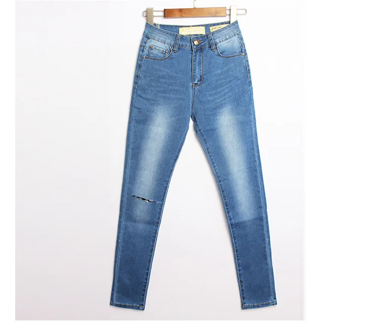Для женщин джинсы с высокой талией модные сапоги выше колена рваные узкие тянущиеся ботильоны-Длина пикантные узкие элегантные летние женские синие джинсы - Цвет: Light Blue