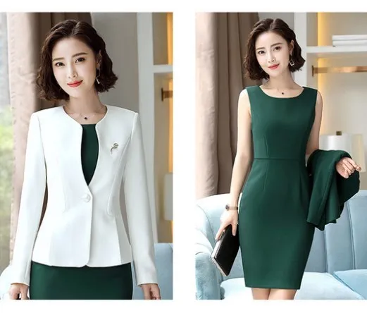 Для женщин офисное платье костюмы 2 шт. наборы для ухода за кожей блейзер и платье дамы черный, белый цвет зеленый платья женщи - Цвет: color as show