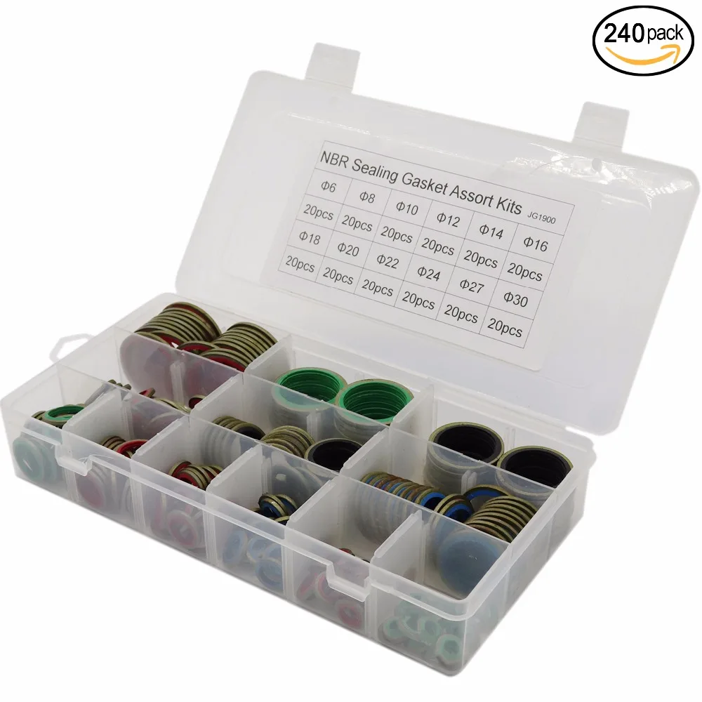 

240-pcs Rubber Metal Combination Oil Sealing Ring Gasket Ring Resistant assortment kits, 12 size NBR washer set with organizing