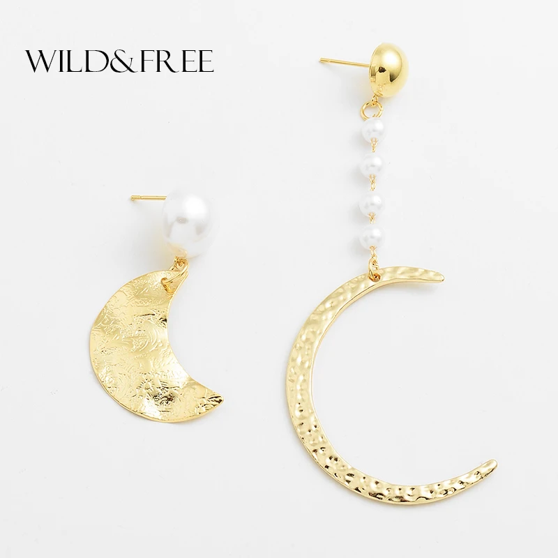 

Wild&Free Spring New Asymmetric Moon Earrings With Simulated Pearl For Women Girls Gold Irregular Moon Shape Dangle Earrings