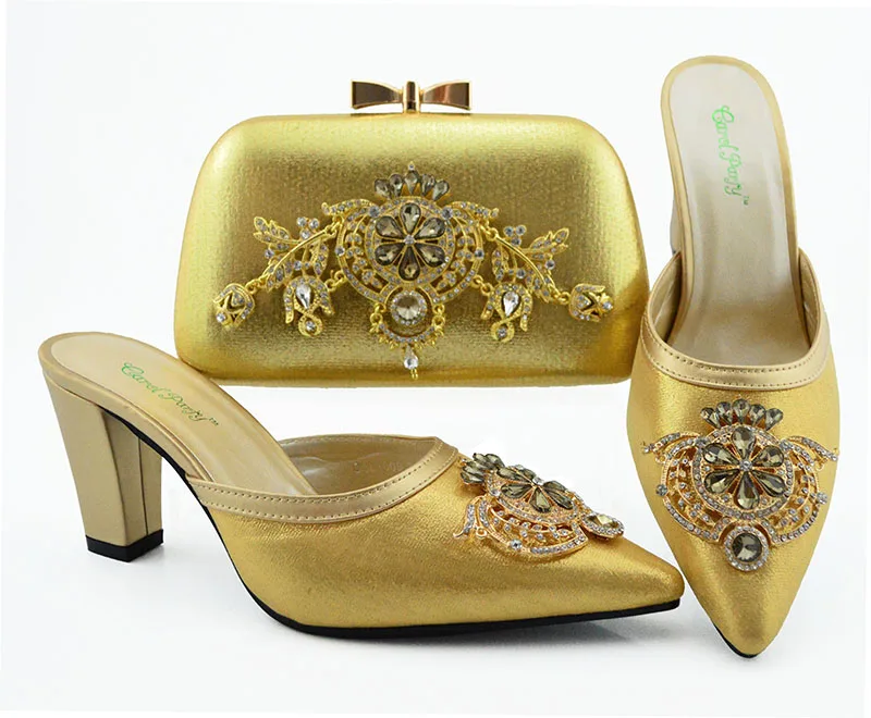 

Gold italian shoes slippers clutches bag 2019 new italian shoes and bag matching set with free shipping for aso ebi SB8384-5